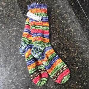 NWT Darn Good Yarn Hand Knit Fleece Lined Wool Socks Rainbow Striped One Size